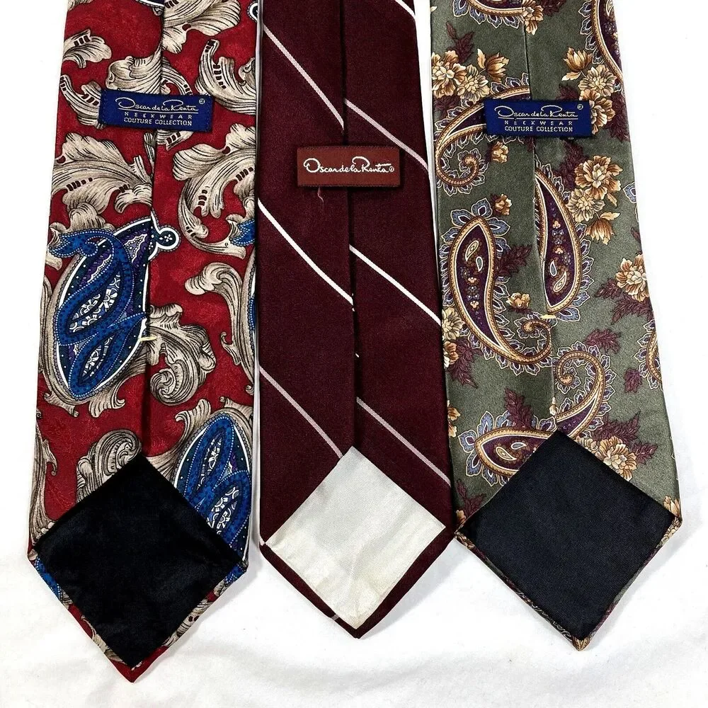 Oscar de la Renta Ties 3 Vintage Couture Paisley Stripe Blue Red Green Silk Y2K